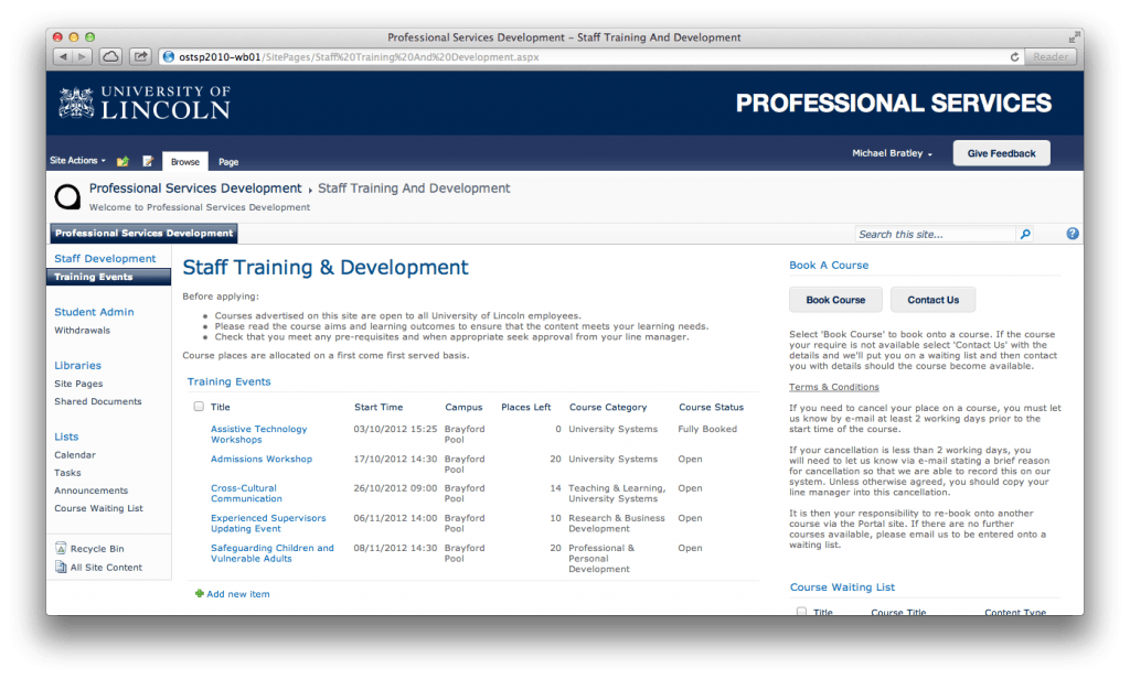 The new Staff Training Development page in early development.