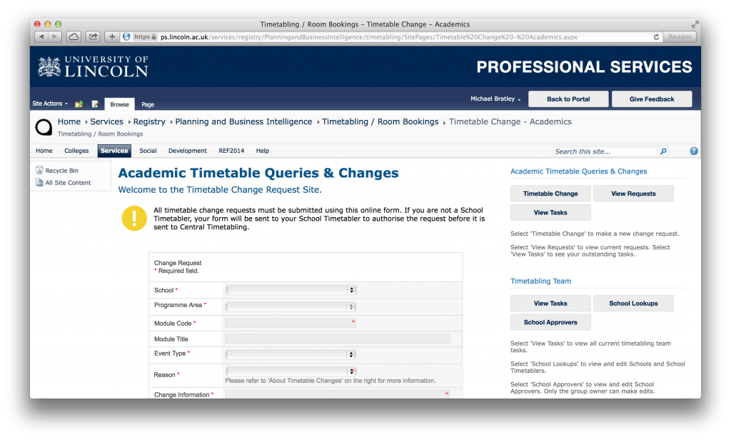 The timetable change request Professional Services page.